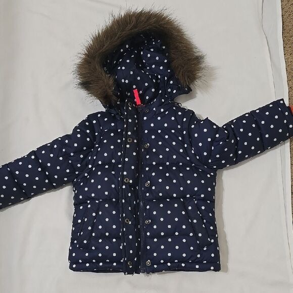 Boden Blue and White Polka Dot Puffer with Faux Fur Hood 3T - Picture 1 of 9